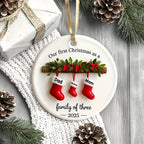 Personalized Family of Three 2025 Ceramic Christmas Ornament - Custom New First Christmas Keepsake with Names (Mom, Dad,) - Footprint Option - Durable Hanging Decoration for & Tree Camping Picnic Chair and Blanket Set Coffee Mug Lid Straw