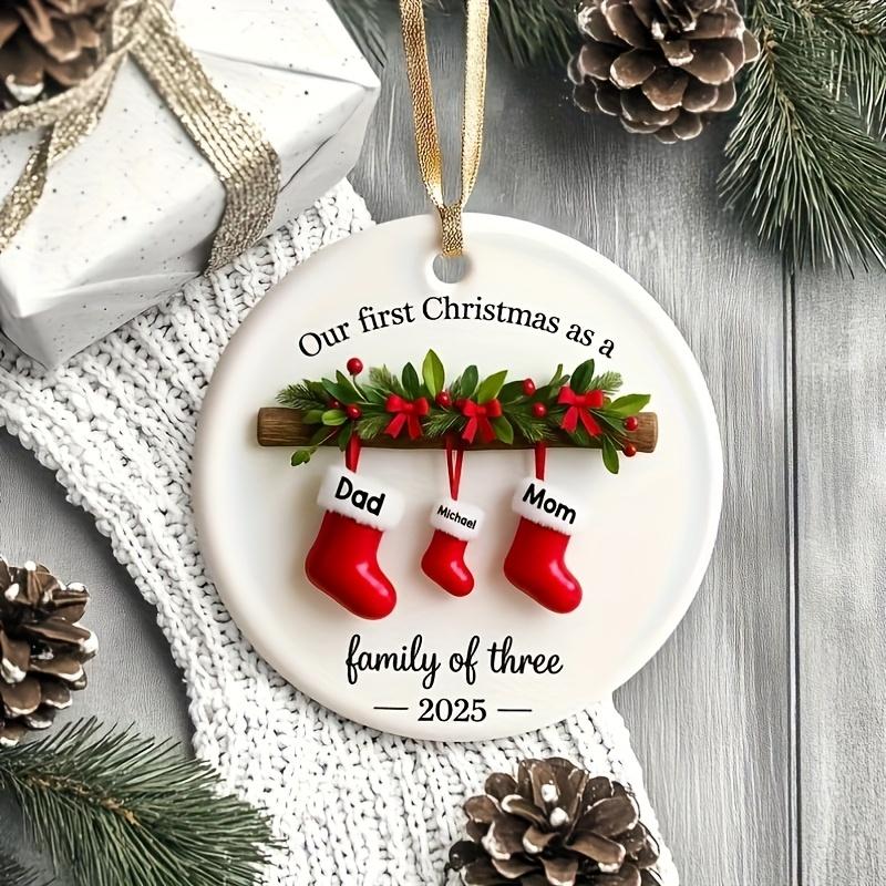 Personalized Family of Three 2025 Ceramic Christmas Ornament - Custom New First Christmas Keepsake with Names (Mom, Dad,) - Footprint Option - Durable Hanging Decoration for & Tree Camping Picnic Chair and Blanket Set Coffee Mug Lid Straw