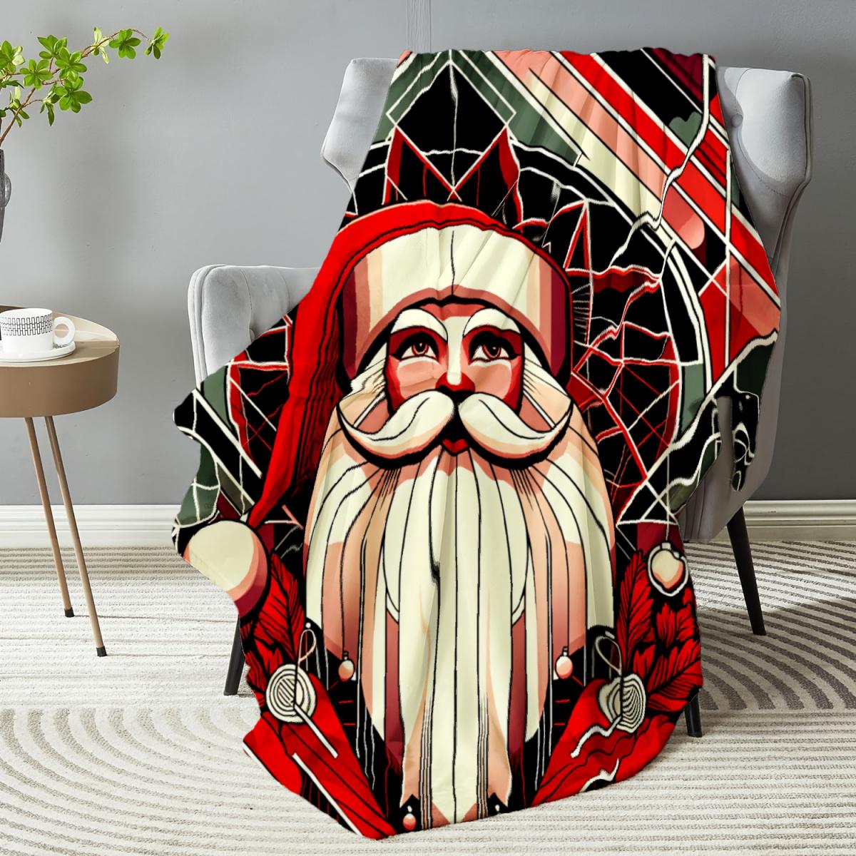 290g Flannel Blanket Christmas Throw Blanket Red And Black Santa Claus Art Print For Home Decor And Cozy Winter Nights Camping Picnic Chair Set Tree Ceramic Mug with Straw