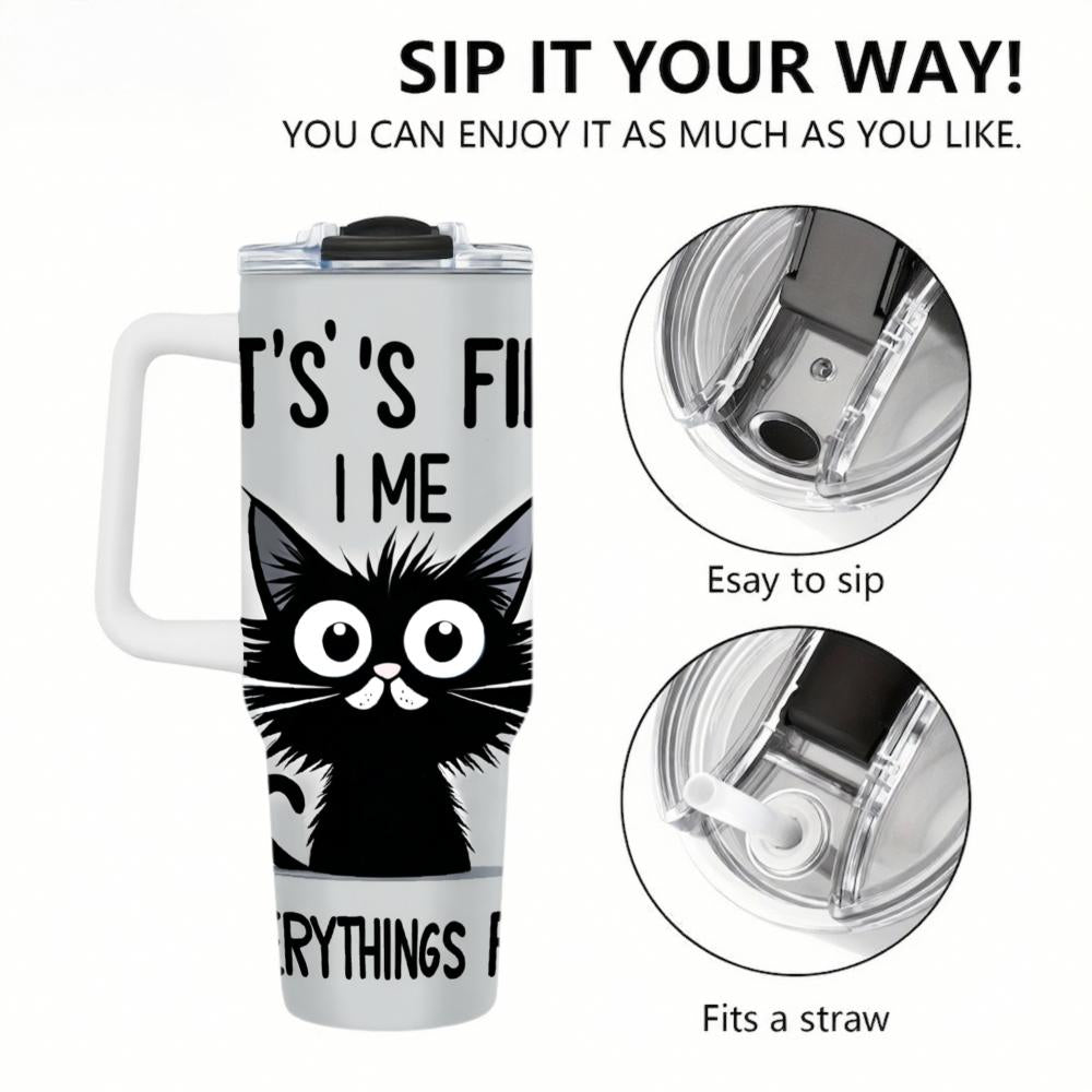 Stainless Steel Tumbler With Handle Silver Black Cat 40oz Thermal Mug Customizable Pattern For Coffee Tea Outdoor Use 18/8 Food Grade Insulated Cup