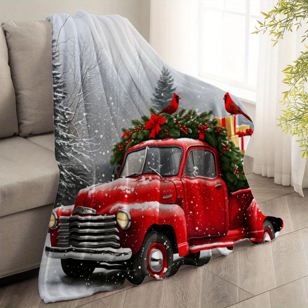 290g Flannel Blanket Christmas Throw Red Vintage Truck Snowy Forest Cardinals Print Cozy Winter Home Decor Holiday Gift Camping Picnic Chair and Set Tree Ceramic Mug with Straw