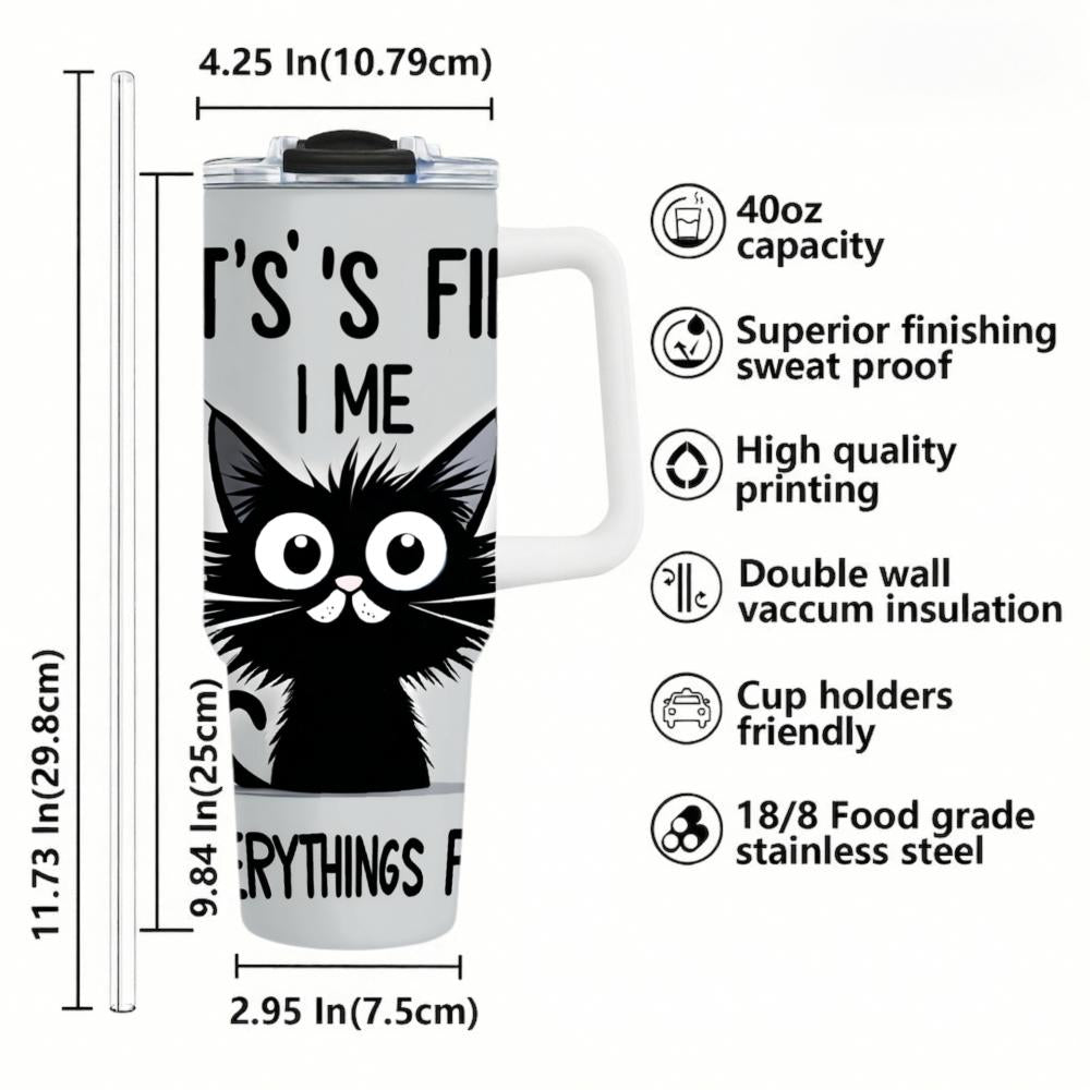 Stainless Steel Tumbler With Handle Silver Black Cat 40oz Thermal Mug Customizable Pattern For Coffee Tea Outdoor Use 18/8 Food Grade Insulated Cup