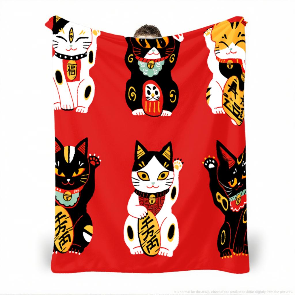 Red Zhaocai Cat Print Flannel Blanket Reversible All-Season Soft Warm Throw for Sofa Bed Nap Machine Washable Multi-Size Cozy Home Decor with Playful Feline Design Contemporary Style Plush Texture Camping Picnic Chair and Set Ceramic Christmas Coffee Mug