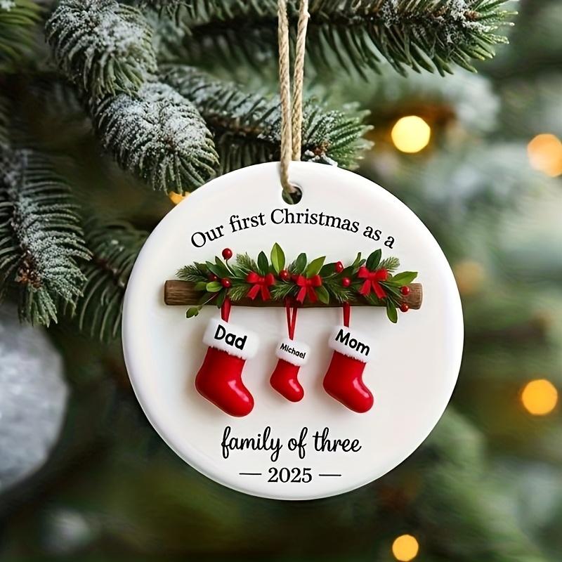 Personalized Family of Three 2025 Ceramic Christmas Ornament - Custom New First Christmas Keepsake with Names (Mom, Dad,) - Footprint Option - Durable Hanging Decoration for & Tree Camping Picnic Chair and Blanket Set Coffee Mug Lid Straw