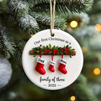 Personalized Family of Three 2025 Ceramic Christmas Ornament - Custom New First Christmas Keepsake with Names (Mom, Dad,) - Footprint Option - Durable Hanging Decoration for & Tree Camping Picnic Chair and Blanket Set Coffee Mug Lid Straw