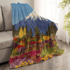 290g Flannel Customizable Flower Garden Throw Blanket Blue with Mountain and Flower Field Print for Cozy Home Decor and Outdoor Relaxation Camping Picnic Chair Set Christmas Tree Ceramic Mug Straw artistic style
