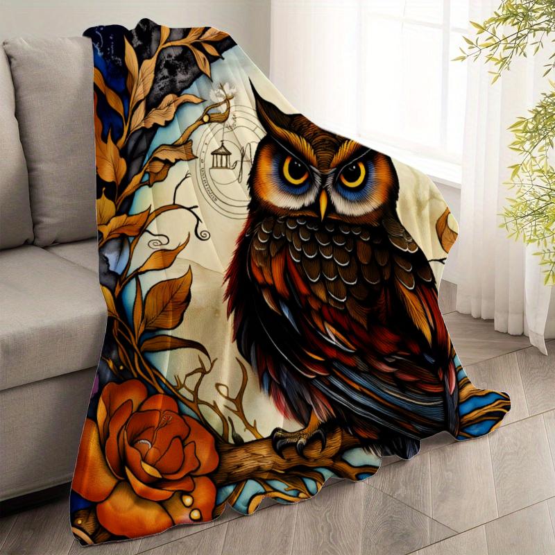 Retro Owl Thin Blanket Lightweight Flannel Throw For Sofa Bed Travel Camping Livingroom Office Couch Chair And Bed Digital Printing Fleece Blanket With Soft And Warm Flannel Fabric Picnic Set Ceramic Christmas Coffee Mug Lid Tree Straw