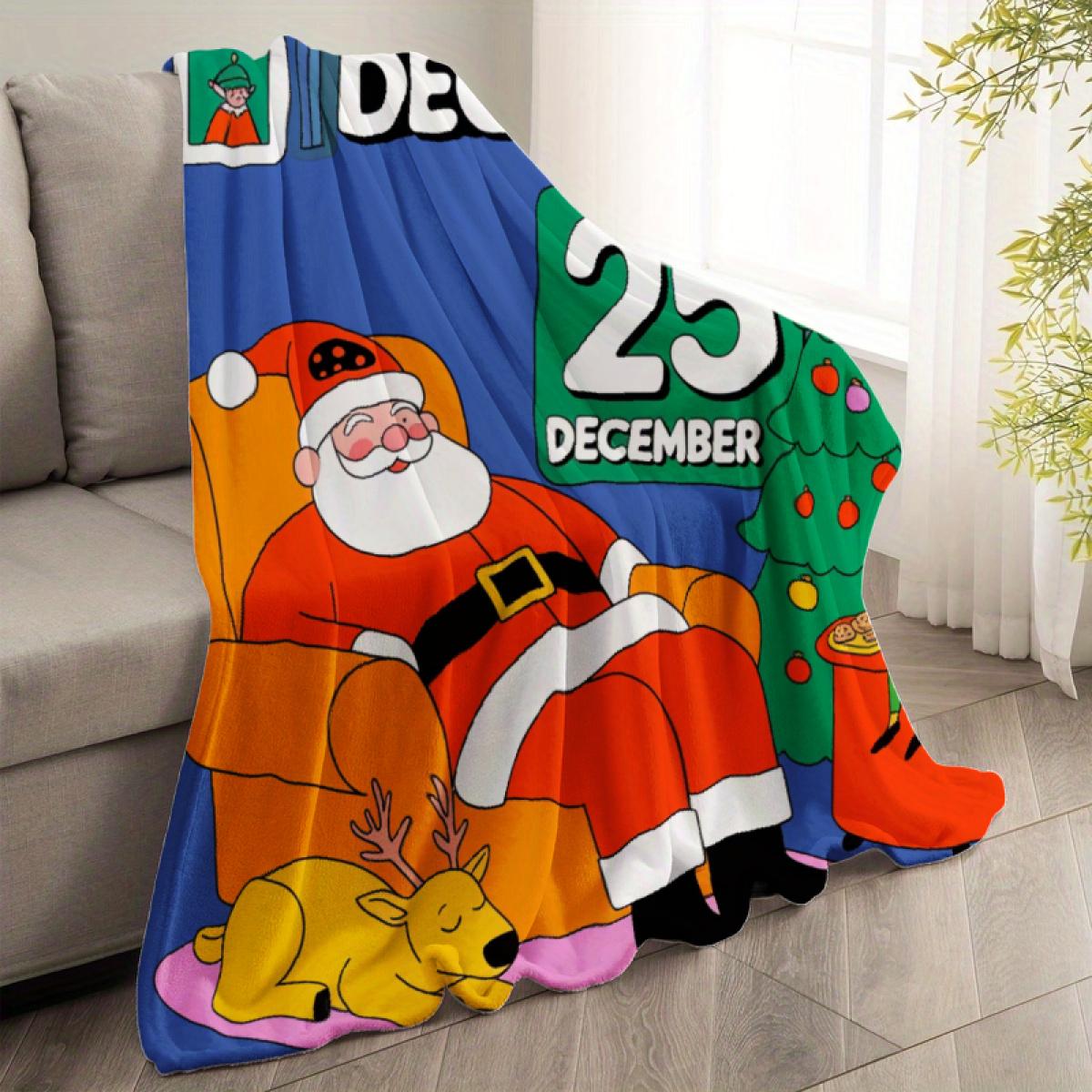 290g Flannel Blanket Christmas Throw Blue With Santa Claus & Tree Print December 25th Design For Holiday Cozy Home Decor Camping Picnic Chair and Set Ceramic Mug Straw