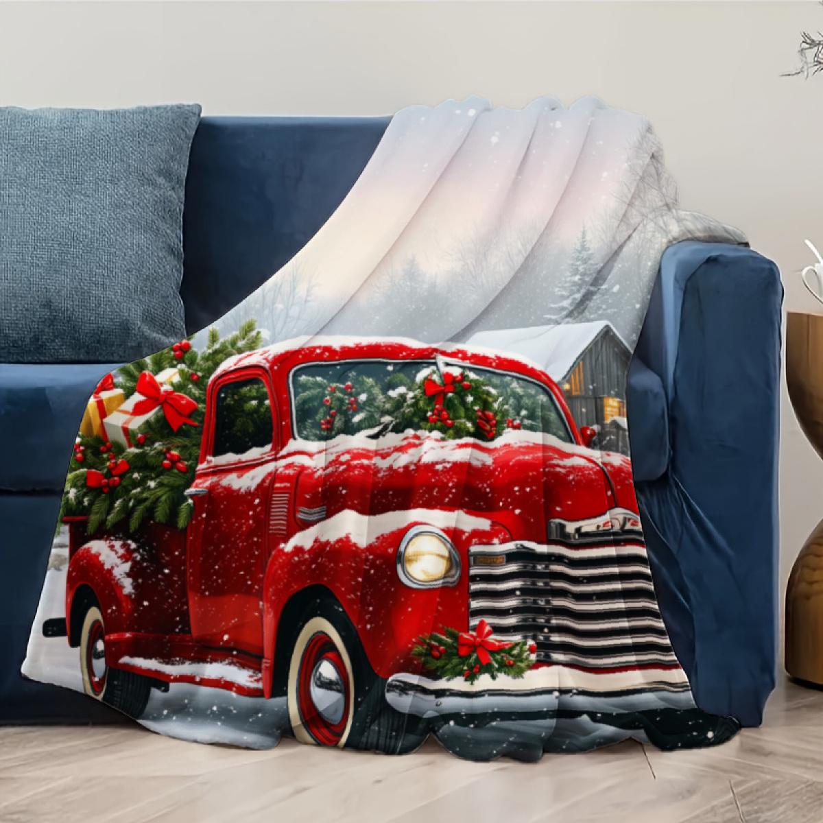 Christmas Throw Blanket Red Vintage Truck Snowy Winter Scene With Christmas Tree And Gifts Cozy Living Room Bedroom Decor Camping Picnic Chair Set Ceramic Mug Straw