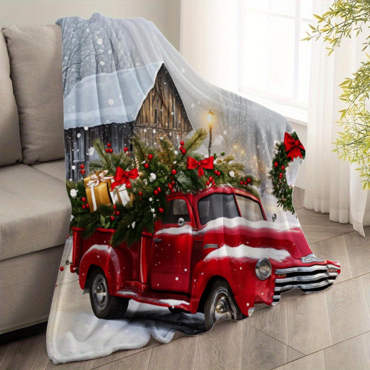 290g Flannel Christmas Throw Blanket Red Vintage Truck With Snow & Holiday Decorations For Cozy Living Room Or Bedroom Use Festive Design Camping Picnic Chair and Set Tree Ceramic Mug Straw