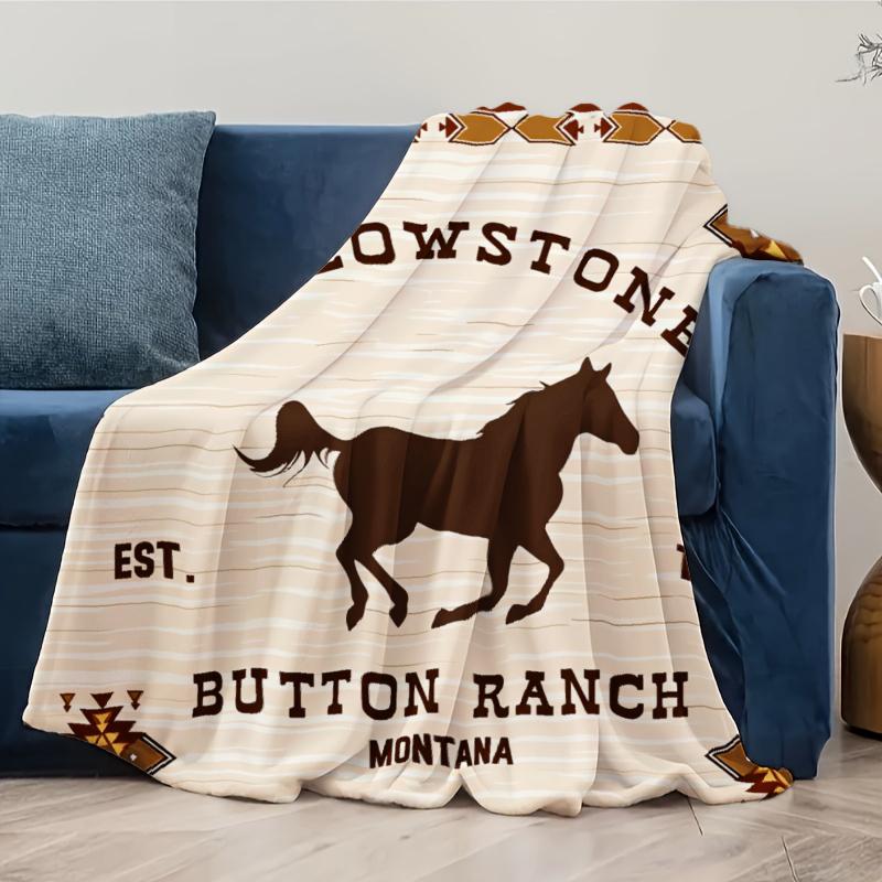 Vintage Southwestern Bohemian Blanket Lightweight Soft Flannel Throw with Yellowstone Ranch Horse & Geometric Print All-Season Multi-Use for Camping Sofa Travel Gift for Friends Family Southwestern Style Durable Comfort Picnic Chair and Set Ceramic Christ