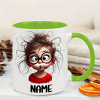 Personalized Funny Girl Face Mug with Glasses & Expressive Eyes 11oz Dishwasher Safe Ceramic Coffee Cup Custom Name Text Ideal Gift for Teens Birthdays Everyday Use Camping Picnic Chair and Blanket Set Christmas LidCoffee Mug Tree Straw