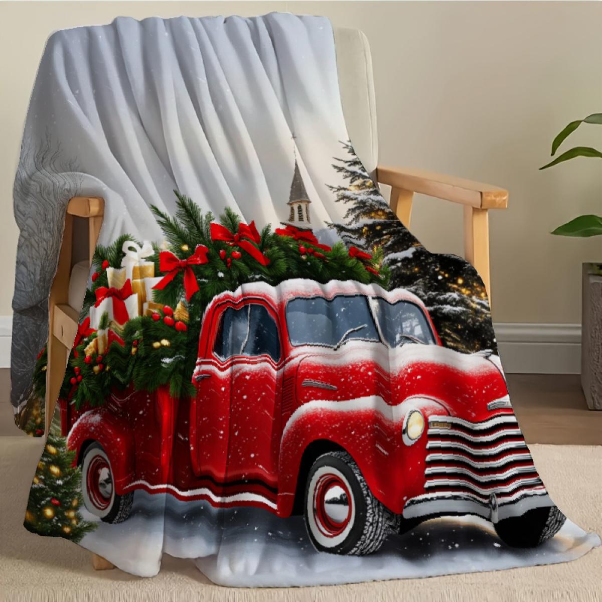 290g Flannel Christmas Throw Blanket Red Vintage Truck With Tree & Gifts Print for Cozy Holiday Decor Festive Home Accessories Camping Picnic Chair and Set Ceramic Mug Straw