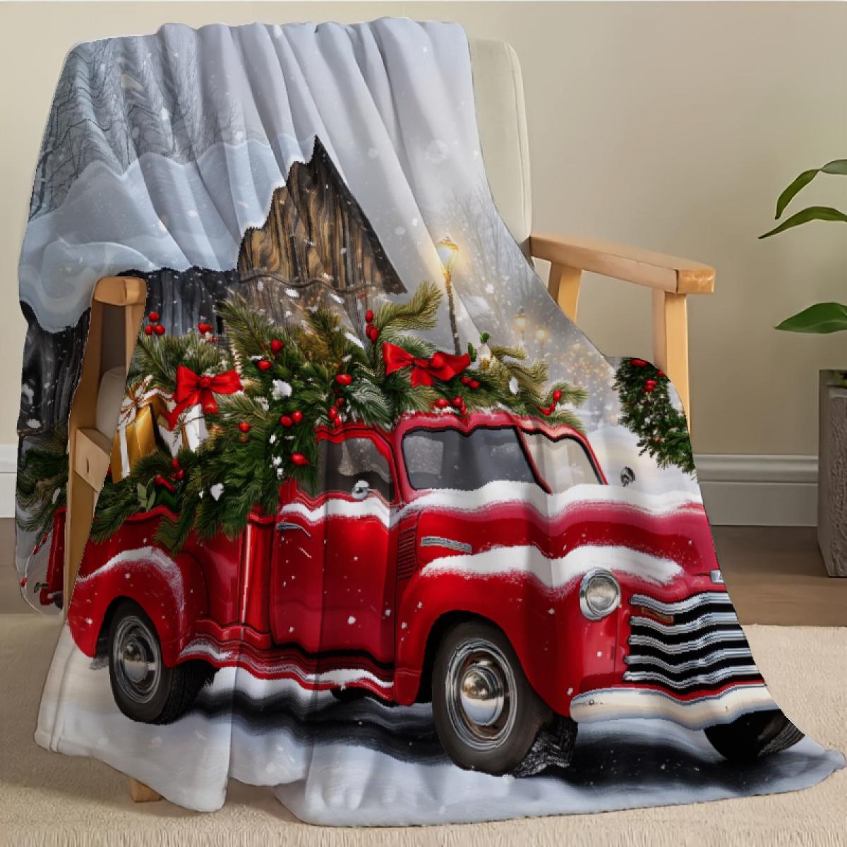 290g Flannel Christmas Throw Blanket Red Vintage Truck With Snow & Holiday Decorations For Cozy Living Room Or Bedroom Use Festive Design Camping Picnic Chair and Set Tree Ceramic Mug Straw