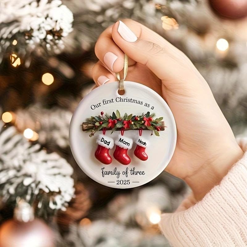Personalized Family of Three 2025 Ceramic Christmas Ornament - Custom New First Christmas Keepsake with Names (Mom, Dad,) - Footprint Option - Durable Hanging Decoration for & Tree Camping Picnic Chair and Blanket Set Coffee Mug Lid Straw