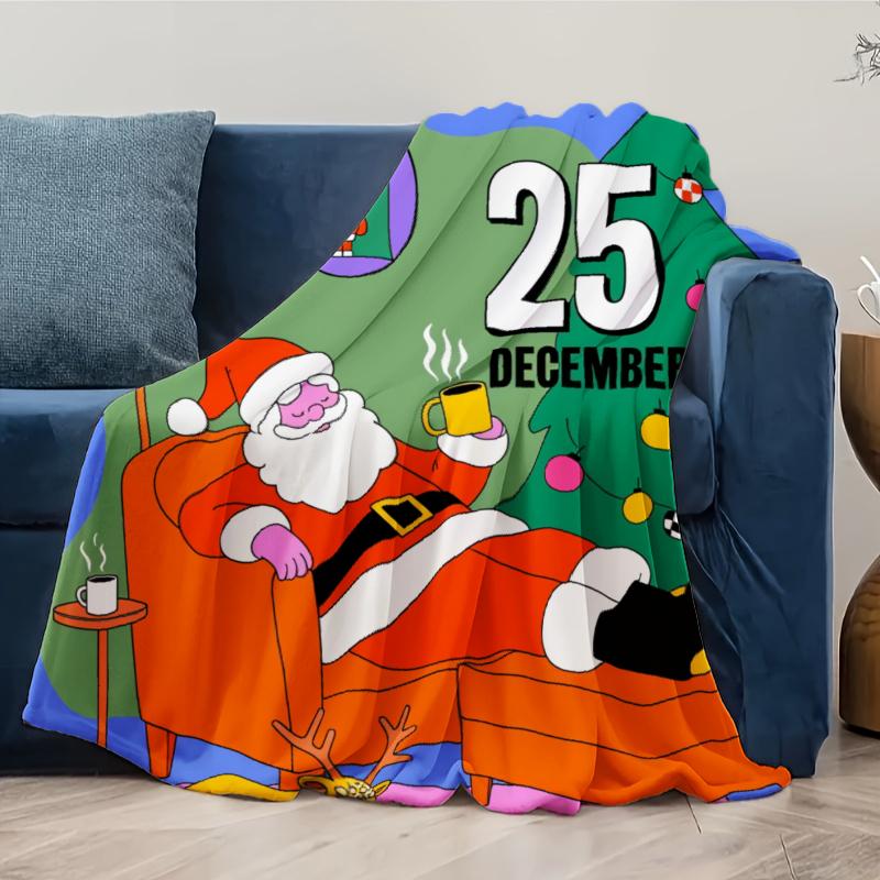 Christmas Throw Blanket Multicolor Santa Claus With Coffee And Christmas Tree 25 December Design For Holiday Home Decor And Cozy Relaxation Camping Picnic Chair Set Ceramic Mug Straw