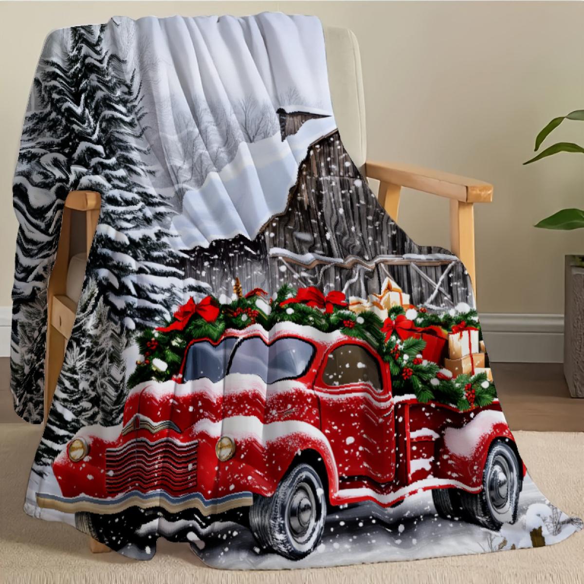 290g flannel blanket ‌   Christmas Throw Blanket Red Vintage Truck With Snowy Cabin And Pine Trees Holiday Decor For Cozy Living Room Or Bedroom