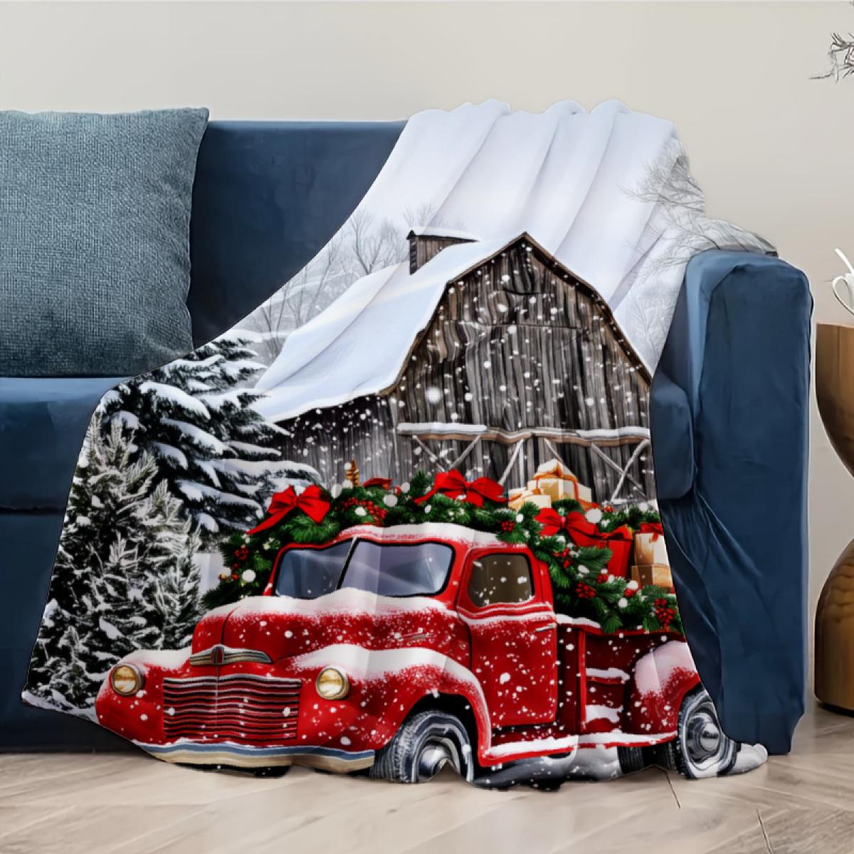 290g flannel blanket ‌   Christmas Throw Blanket Red Vintage Truck With Snowy Cabin And Pine Trees Holiday Decor For Cozy Living Room Or Bedroom