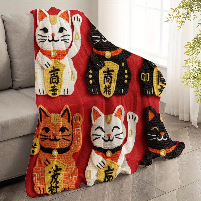 Red Zhaocai Cat Print Flannel Blanket Reversible All-Season Soft Warm Throw for Sofa Bed Nap Machine Washable Multi-Size Cozy Home Decor with Playful Feline Design Contemporary Style Plush Texture Camping Picnic Chair and Set Ceramic Christmas Coffee Mug