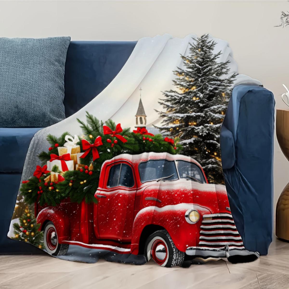 290g Flannel Christmas Throw Blanket Red Vintage Truck With Tree & Gifts Print for Cozy Holiday Decor Festive Home Accessories Camping Picnic Chair and Set Ceramic Mug Straw