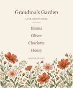 Flat design preview: personalized Family Garden blanket with example names Emma, Oliver, Charlotte and Henry; not a sample photo