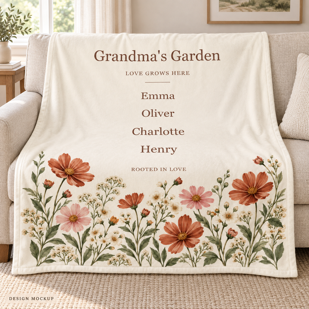 Illustrative design mockup: personalized Family Garden blanket with example names Emma, Oliver, Charlotte and Henry; not a sample photo