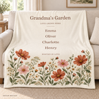 Illustrative design mockup: personalized Family Garden blanket with example names Emma, Oliver, Charlotte and Henry; not a sample photo