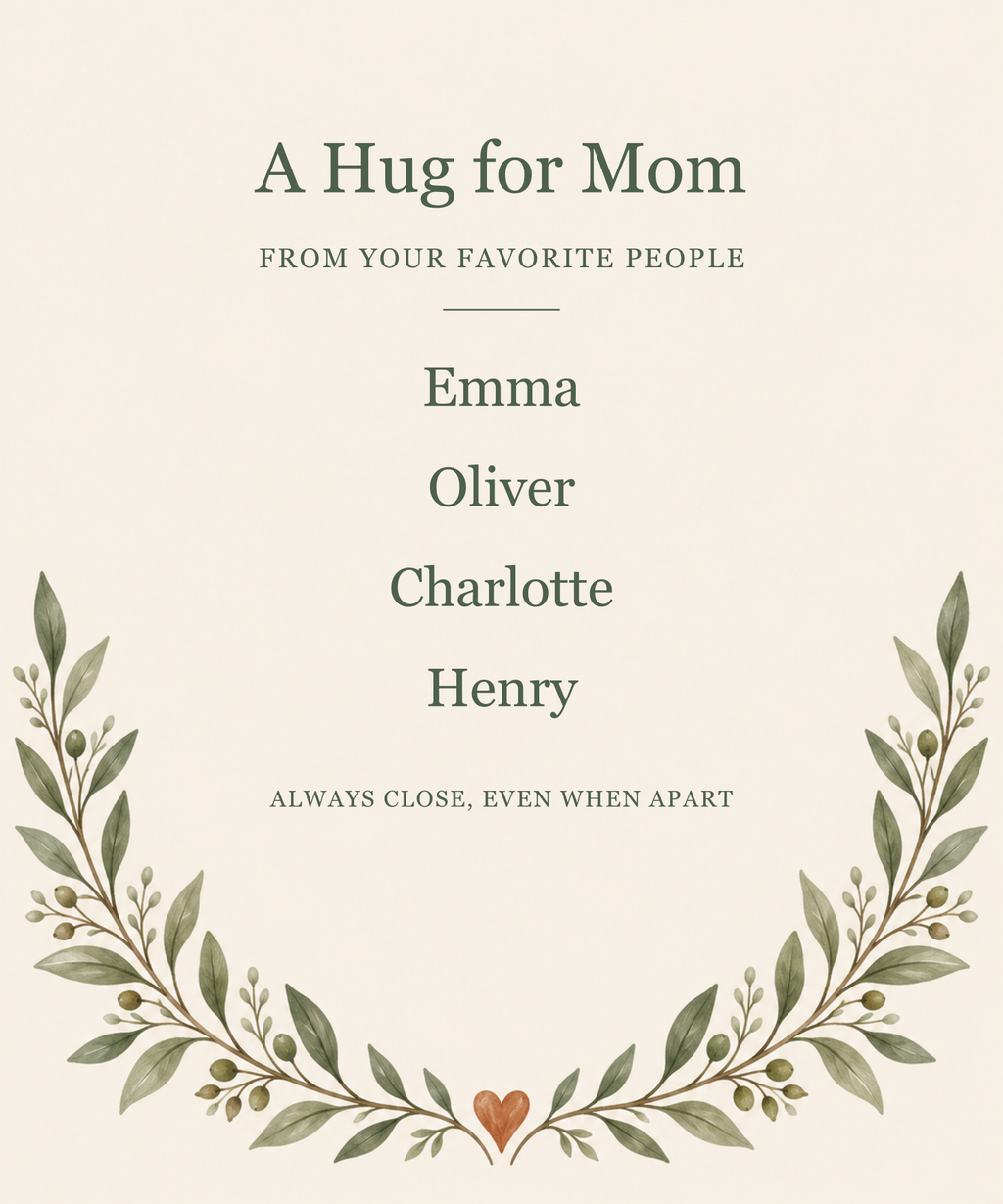 Flat design preview: personalized Family Hug blanket with example names Emma, Oliver, Charlotte and Henry; not a sample photo