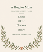 Flat design preview: personalized Family Hug blanket with example names Emma, Oliver, Charlotte and Henry; not a sample photo