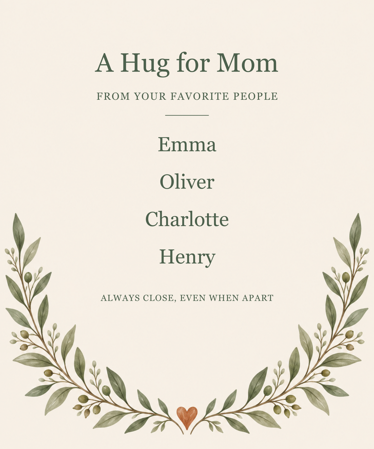 Flat design preview: personalized Family Hug blanket with example names Emma, Oliver, Charlotte and Henry; not a sample photo