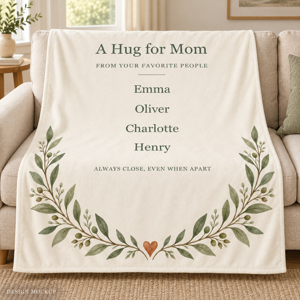 Illustrative design mockup: personalized Family Hug blanket with example names Emma, Oliver, Charlotte and Henry; not a sample photo